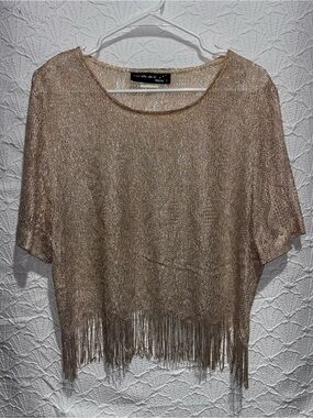 Vintage Sharade Nites Metallic Fringe Knit Shirt Top Size 18 Beige Shimmer